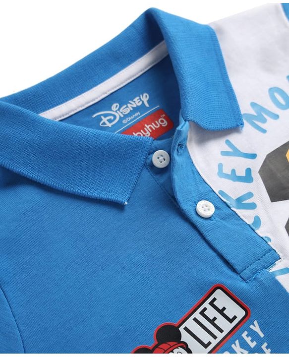 Babyhug Disney Single Jersey Knit Full Sleeves Polo T-Shirt with Mickey Mouse Graphics - Blue & White