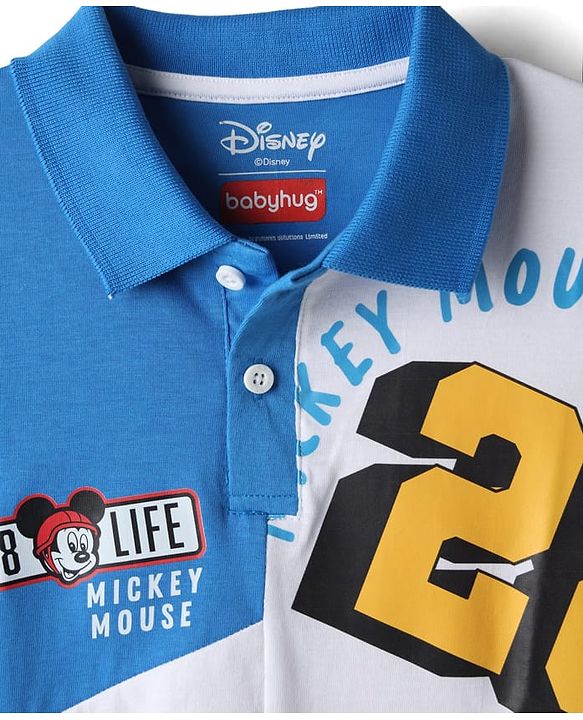 Babyhug Disney Single Jersey Knit Full Sleeves Polo T-Shirt with Mickey Mouse Graphics - Blue & White