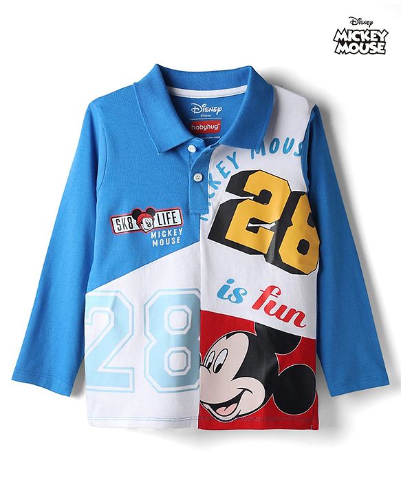 Babyhug Disney Single Jersey Knit Full Sleeves Polo T-Shirt with Mickey Mouse Graphics - Blue & White