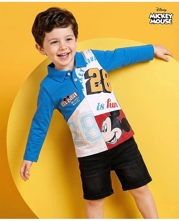 Babyhug Disney Single Jersey Knit Full Sleeves Polo T-Shirt with Mickey Mouse Graphics - Blue & White