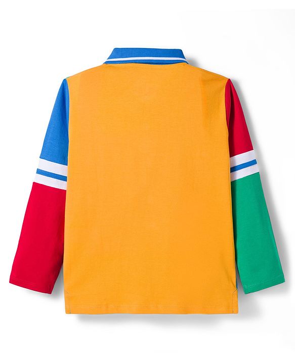 Babyhug Disney Single Jersey Knit  Full Sleeves Cut & Sew Polo T-Shirt with Mickey Mouse Graphics - Blue Red & Yellow