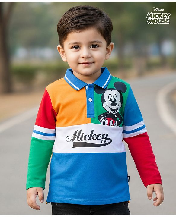 Babyhug Disney Single Jersey Knit  Full Sleeves Cut & Sew Polo T-Shirt with Mickey Mouse Graphics - Blue Red & Yellow