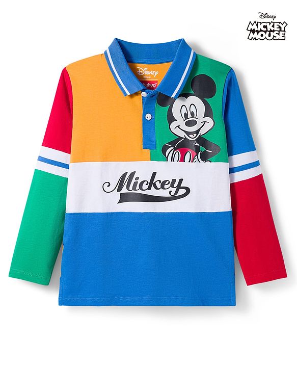 Babyhug Disney Single Jersey Knit  Full Sleeves Cut & Sew Polo T-Shirt with Mickey Mouse Graphics - Blue Red & Yellow
