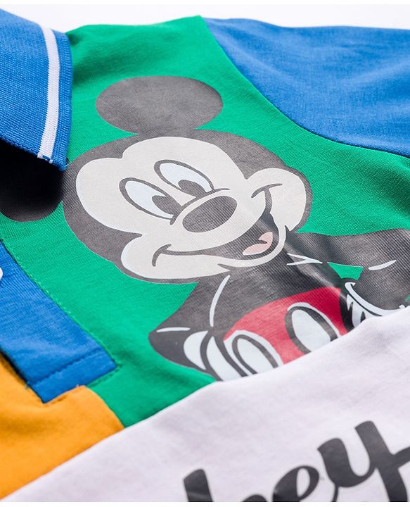 Babyhug Disney Single Jersey Knit  Full Sleeves Cut & Sew Polo T-Shirt with Mickey Mouse Graphics - Blue Red & Yellow