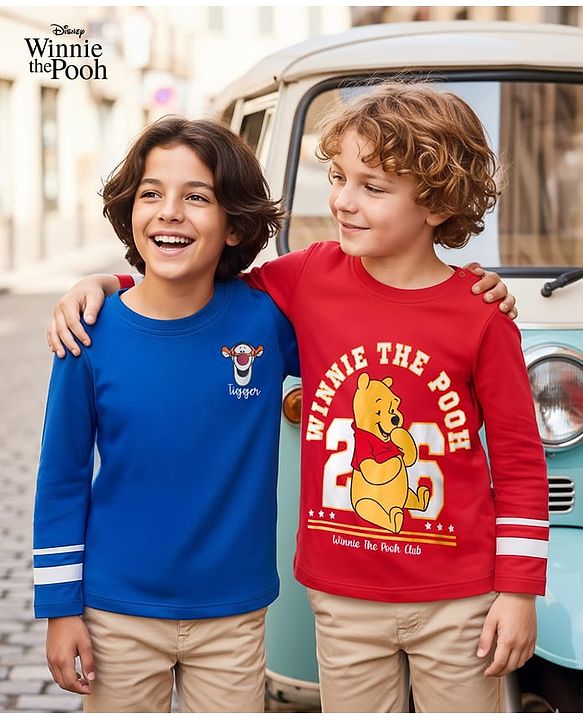Babyhug Disney Single Knit Jersey Full Sleeves T-Shirts with Front & Back Winnie & Tigger Graphics Pack of 2 - Red & Blue