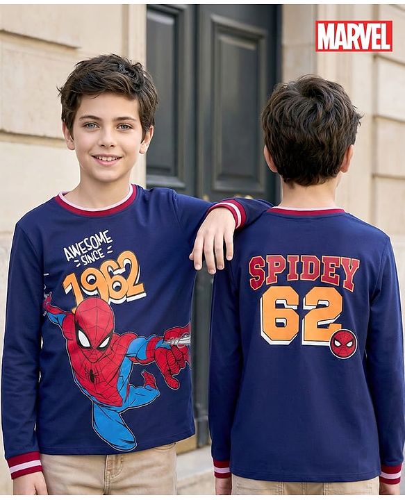 Pine Kids Marvel Terry Knit Full Sleeves T-Shirt with Spider Man Front & Back Graphic - Navy Blue