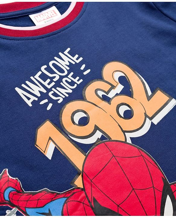 Pine Kids Marvel Terry Knit Full Sleeves T-Shirt with Spider Man Front & Back Graphic - Navy Blue