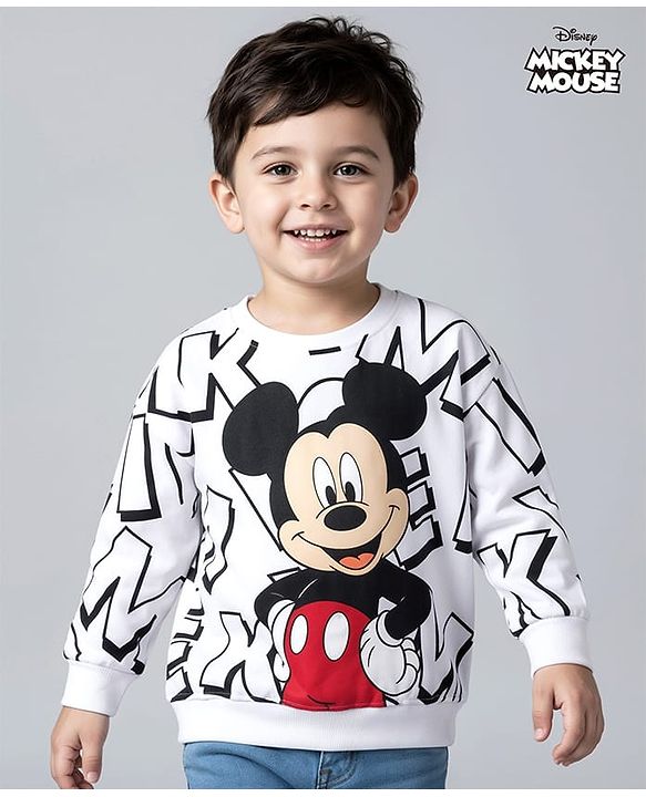 Babyhug Disney Terry Knit Drop Shoulder Full Sleeves Oversized Sweatshirt With Mickey Mouse Graphics - White