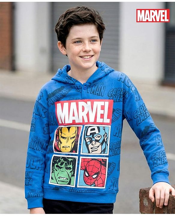 Pine Kids Marvel Terry Knit Full Sleeves Hooded Sweatshirt with Avengers Graphics - Blue