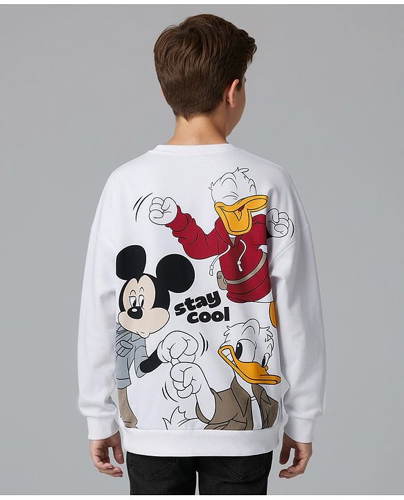 Pine Kids Disney Terry Knit Full Sleeves Sweatshirt With Front & Back Mickey & Friends Graphics - White