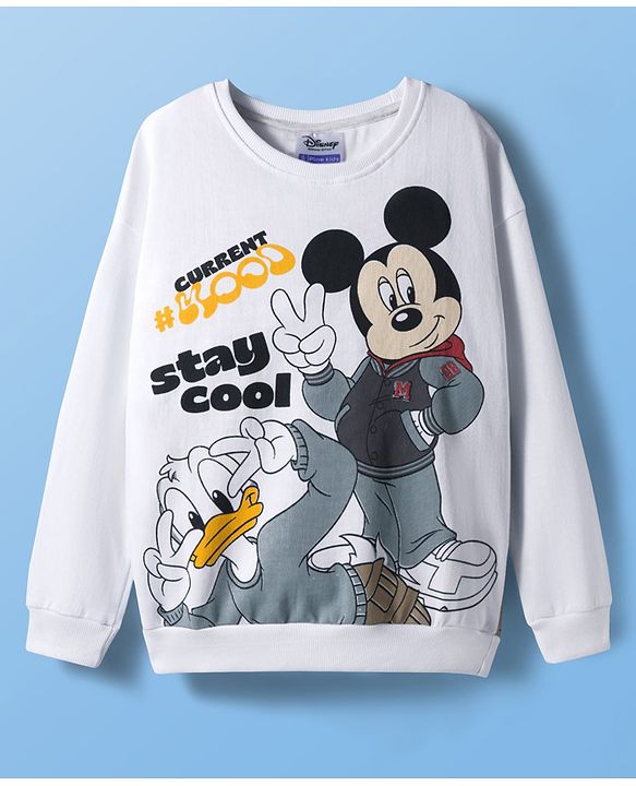 Pine Kids Disney Terry Knit Full Sleeves Sweatshirt With Front & Back Mickey & Friends Graphics - White