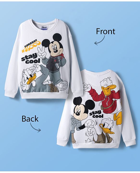Pine Kids Disney Terry Knit Full Sleeves Sweatshirt With Front & Back Mickey & Friends Graphics - White