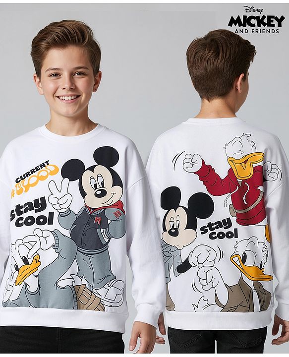 Pine Kids Disney Terry Knit Full Sleeves Sweatshirt With Front & Back Mickey & Friends Graphics - White