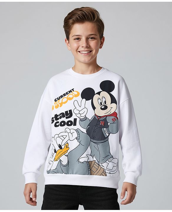 Pine Kids Disney Terry Knit Full Sleeves Sweatshirt With Front & Back Mickey & Friends Graphics - White