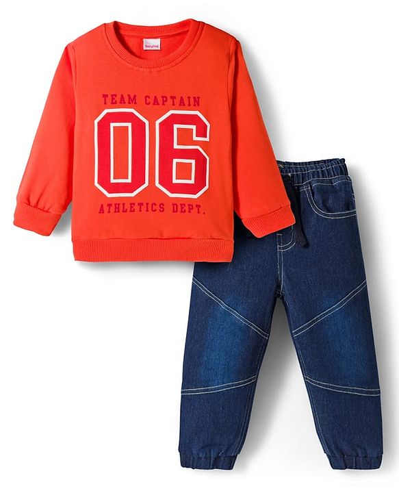Babyhug Knit Premium Light Gauge Terry FUll Sleeves T-Shirt & Denim Jeans Set with Number Graphic - Orange & Blue