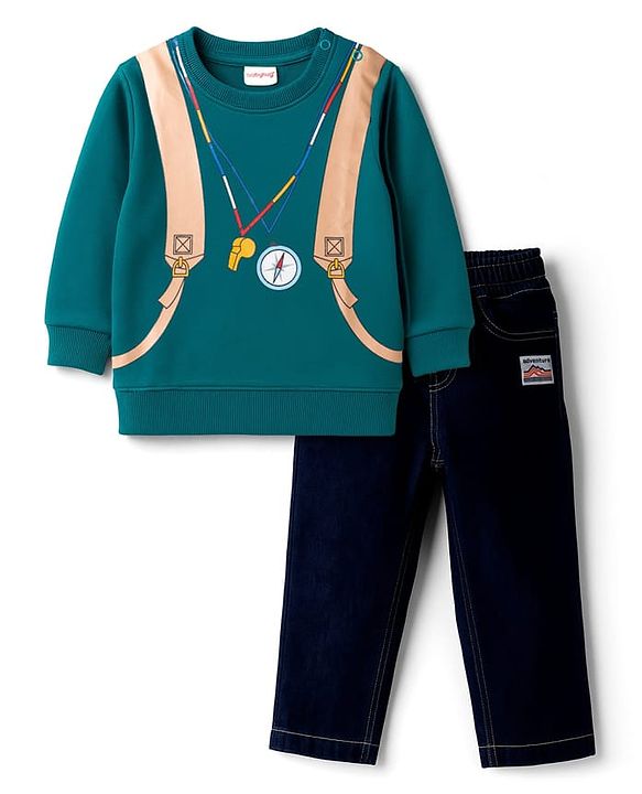 Babyhug Knit Premium Light Gauge Terry Full Sleeves T-Shirt & Denim Jeans Set With Backpack Print - Teal & Navy Blue
