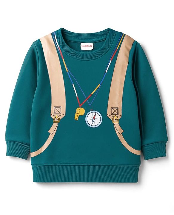 Babyhug Knit Premium Light Gauge Terry Full Sleeves T-Shirt & Denim Jeans Set With Backpack Print - Teal & Navy Blue