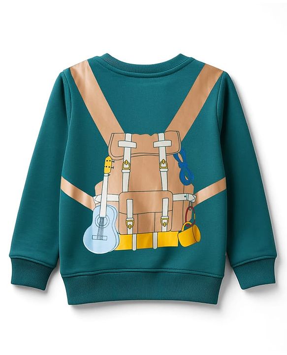 Babyhug Knit Premium Light Gauge Terry Full Sleeves T-Shirt & Denim Jeans Set With Backpack Print - Teal & Navy Blue