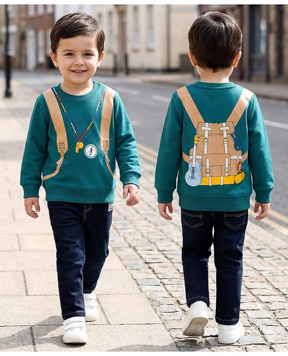 Babyhug Knit Premium Light Gauge Terry Full Sleeves T-Shirt & Denim Jeans Set With Backpack Print - Teal & Navy Blue