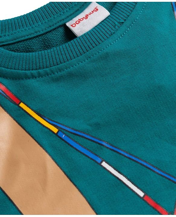 Babyhug Knit Premium Light Gauge Terry Full Sleeves T-Shirt & Denim Jeans Set With Backpack Print - Teal & Navy Blue