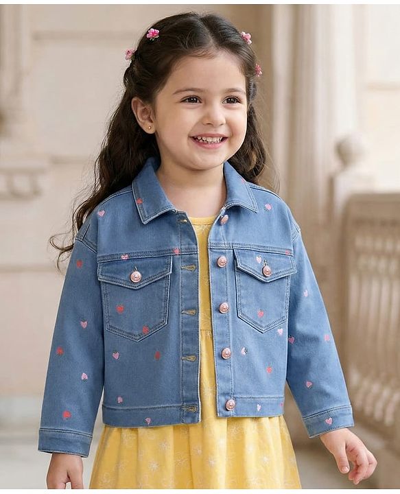 Babyhug Full Sleeves Denim Jacket with Pockets & Heart Print - Light Blue
