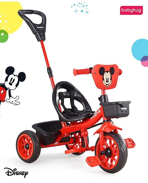 Babyhug Disney Mickey Kids Tricycle with Parental Push Handle- Red & Black| Antislip Pedals| Puncture Proof Wheels| Easy Assembling| Foldable Footrest| Toy for 2 to 5 year| Gifting Option