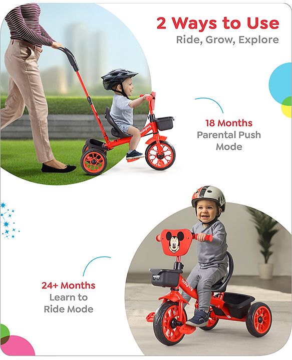 Babyhug Disney Mickey Kids Tricycle with Parental Push Handle- Red & Black| Antislip Pedals| Puncture Proof Wheels| Easy Assembling| Foldable Footrest| Toy for 2 to 5 year| Gifting Option