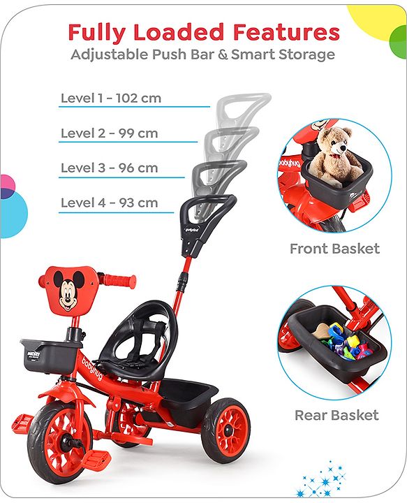 Babyhug Disney Mickey Kids Tricycle with Parental Push Handle- Red & Black| Antislip Pedals| Puncture Proof Wheels| Easy Assembling| Foldable Footrest| Toy for 2 to 5 year| Gifting Option