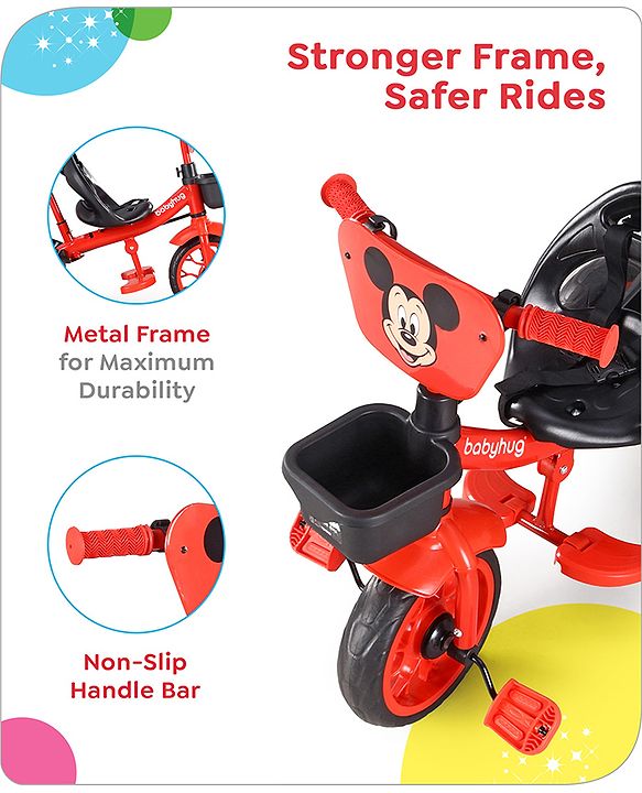 Babyhug Disney Mickey Kids Tricycle with Parental Push Handle- Red & Black| Antislip Pedals| Puncture Proof Wheels| Easy Assembling| Foldable Footrest| Toy for 2 to 5 year| Gifting Option