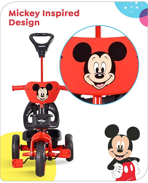 Babyhug Disney Mickey Kids Tricycle with Parental Push Handle- Red & Black| Antislip Pedals| Puncture Proof Wheels| Easy Assembling| Foldable Footrest| Toy for 2 to 5 year| Gifting Option