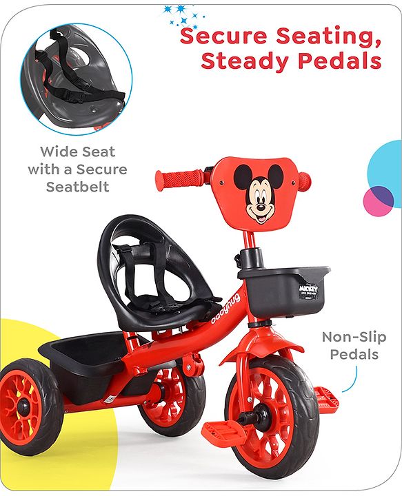 Babyhug Disney Mickey Kids Tricycle with Parental Push Handle- Red & Black| Antislip Pedals| Puncture Proof Wheels| Easy Assembling| Foldable Footrest| Toy for 2 to 5 year| Gifting Option