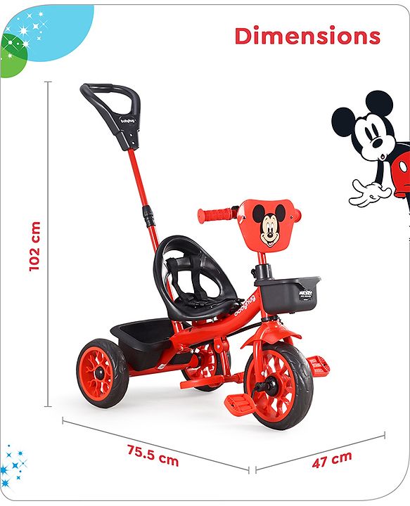 Babyhug Disney Mickey Kids Tricycle with Parental Push Handle- Red & Black| Antislip Pedals| Puncture Proof Wheels| Easy Assembling| Foldable Footrest| Toy for 2 to 5 year| Gifting Option