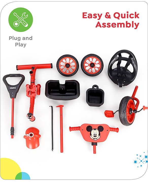 Babyhug Disney Mickey Kids Tricycle with Parental Push Handle- Red & Black| Antislip Pedals| Puncture Proof Wheels| Easy Assembling| Foldable Footrest| Toy for 2 to 5 year| Gifting Option
