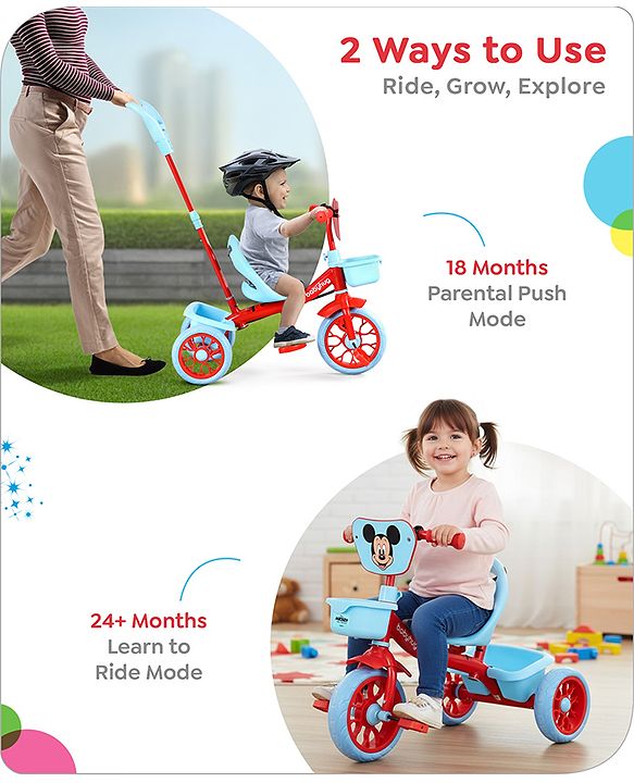 Babyhug Disney Mickey Kids Tricycle with Parental Push Handle- Red & Black| Antislip Pedals| Puncture Proof Wheels| Easy Assembling| Foldable Footrest| Toy for 2 to 5 year| Gifting Option