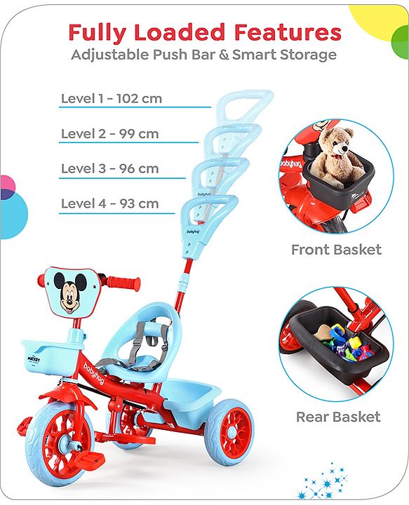 Babyhug Disney Mickey Kids Tricycle with Parental Push Handle- Red & Black| Antislip Pedals| Puncture Proof Wheels| Easy Assembling| Foldable Footrest| Toy for 2 to 5 year| Gifting Option