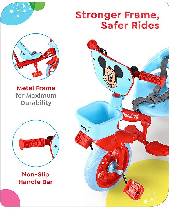 Babyhug Disney Mickey Kids Tricycle with Parental Push Handle- Red & Black| Antislip Pedals| Puncture Proof Wheels| Easy Assembling| Foldable Footrest| Toy for 2 to 5 year| Gifting Option