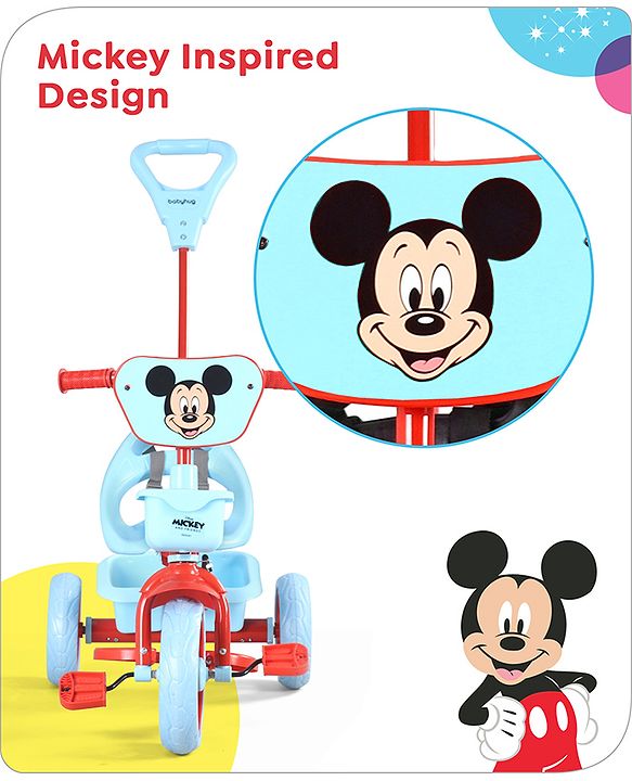 Babyhug Disney Mickey Kids Tricycle with Parental Push Handle- Red & Black| Antislip Pedals| Puncture Proof Wheels| Easy Assembling| Foldable Footrest| Toy for 2 to 5 year| Gifting Option