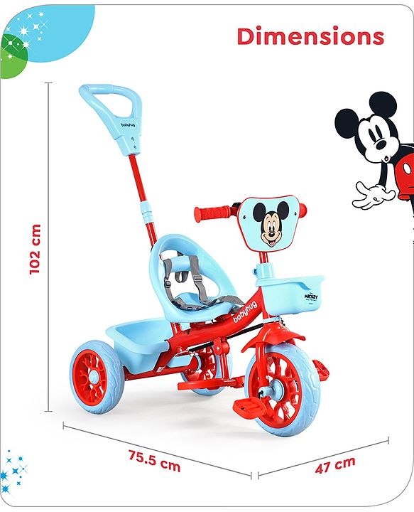 Babyhug Disney Mickey Kids Tricycle with Parental Push Handle- Red & Black| Antislip Pedals| Puncture Proof Wheels| Easy Assembling| Foldable Footrest| Toy for 2 to 5 year| Gifting Option