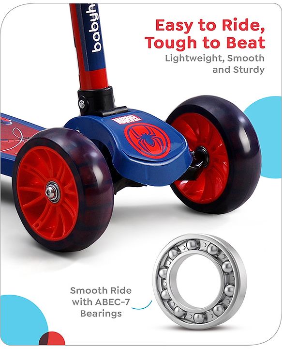 Babyhug Marvel Spider Man Kids 3 Wheel Scooter with Attractive Led Wheels|Compact Fold| Lean-to-Steer| Gifting Option| Physical Activity - Red & Blue