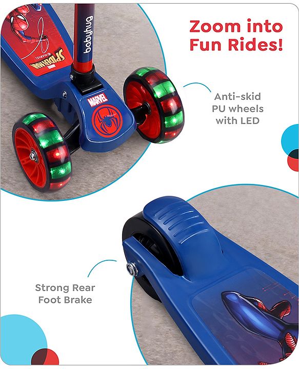Babyhug Marvel Spider Man Kids 3 Wheel Scooter with Attractive Led Wheels|Compact Fold| Lean-to-Steer| Gifting Option| Physical Activity - Red & Blue