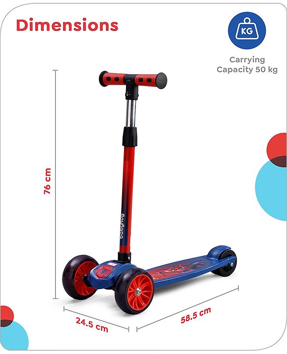 Babyhug Marvel Spider Man Kids 3 Wheel Scooter with Attractive Led Wheels|Compact Fold| Lean-to-Steer| Gifting Option| Physical Activity - Red & Blue