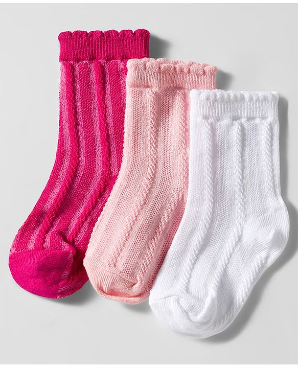 Cute Walk by Babyhug Knit Ankle Length Anti Bacterial Socks with Cable Knit Design Pack of 3 - Dark Pink White & Pink