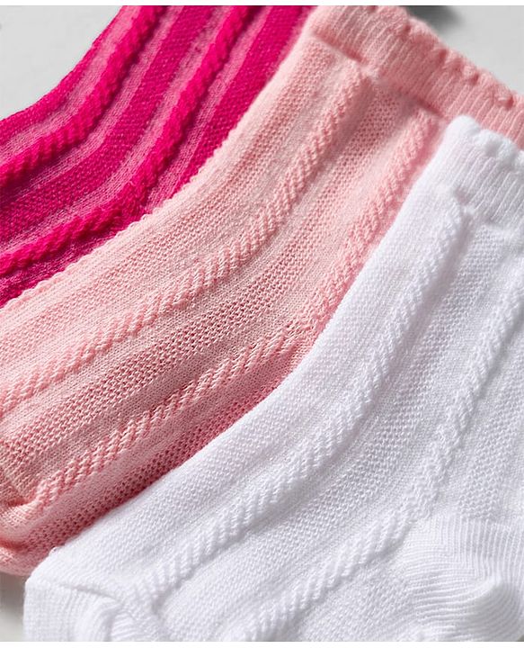 Cute Walk by Babyhug Knit Ankle Length Anti Bacterial Socks with Cable Knit Design Pack of 3 - Dark Pink White & Pink