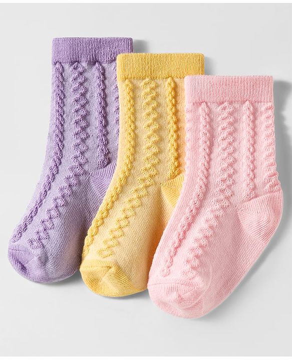 Cute Walk by Babyhug Knit Ankle Length Anti Bacterial Socks with Cable Knit Design Pack of 3 - Yellow Pink & Purple
