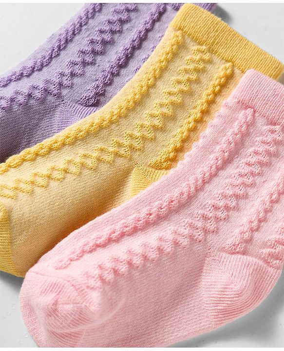 Cute Walk by Babyhug Knit Ankle Length Anti Bacterial Socks with Cable Knit Design Pack of 3 - Yellow Pink & Purple