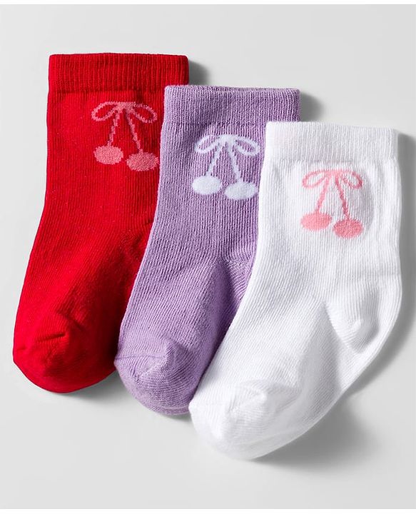Cute Walk by Babyhug Knit Ankle Length Anti Bacterial Socks with Cherry Design Pack of 3 - Red Purple & White