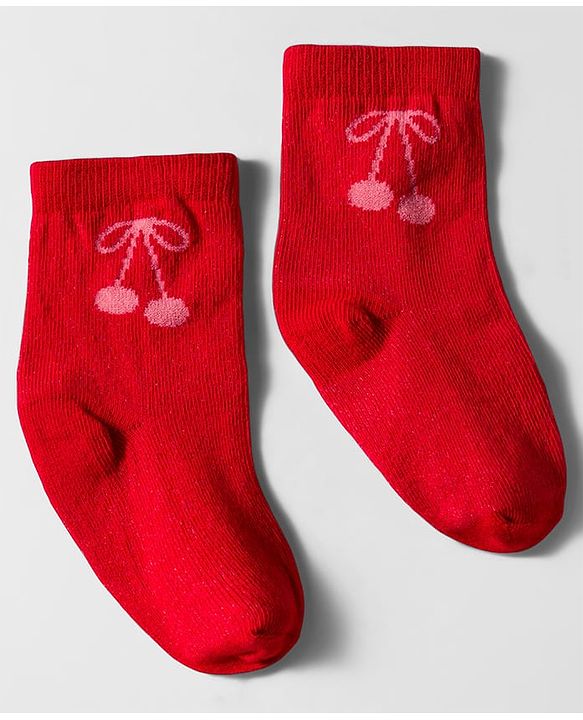 Cute Walk by Babyhug Knit Ankle Length Anti Bacterial Socks with Cherry Design Pack of 3 - Red Purple & White