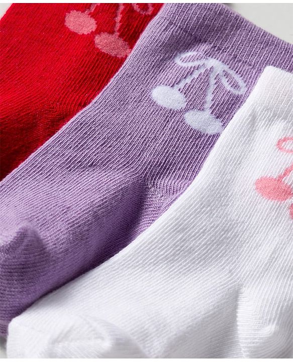 Cute Walk by Babyhug Knit Ankle Length Anti Bacterial Socks with Cherry Design Pack of 3 - Red Purple & White