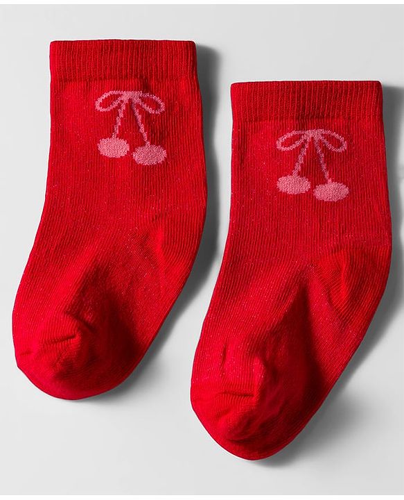 Cute Walk by Babyhug Knit Ankle Length Anti Bacterial Socks with Cherry Design Pack of 3 - Red Purple & White