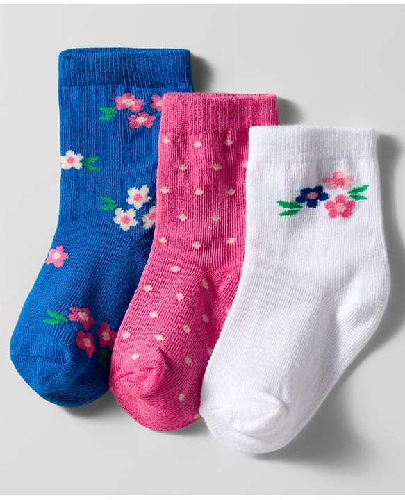 Cute Walk by Babyhug Knit Ankle Length Anti Bacterial Socks with Floral Design Pack of 3 - Navy Blue Pink & White